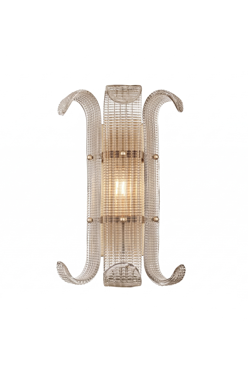 Ribbed Glass Scroll Wall Lamp with symmetrical curved glass arms | Metal, Glass | Clean product shot on white background showing front view and scroll design | Samu Lamp