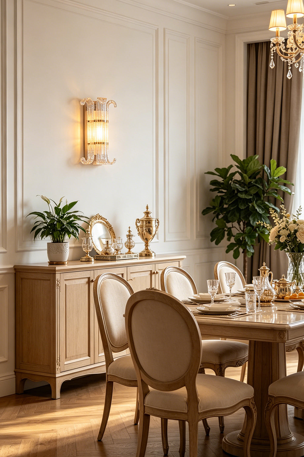 A pair of Ribbed Glass Scroll Wall Lamps flanking an ornate console table and mirror | Metal, Glass | Symmetrical installation in a traditional living room setting | Samu Lamp