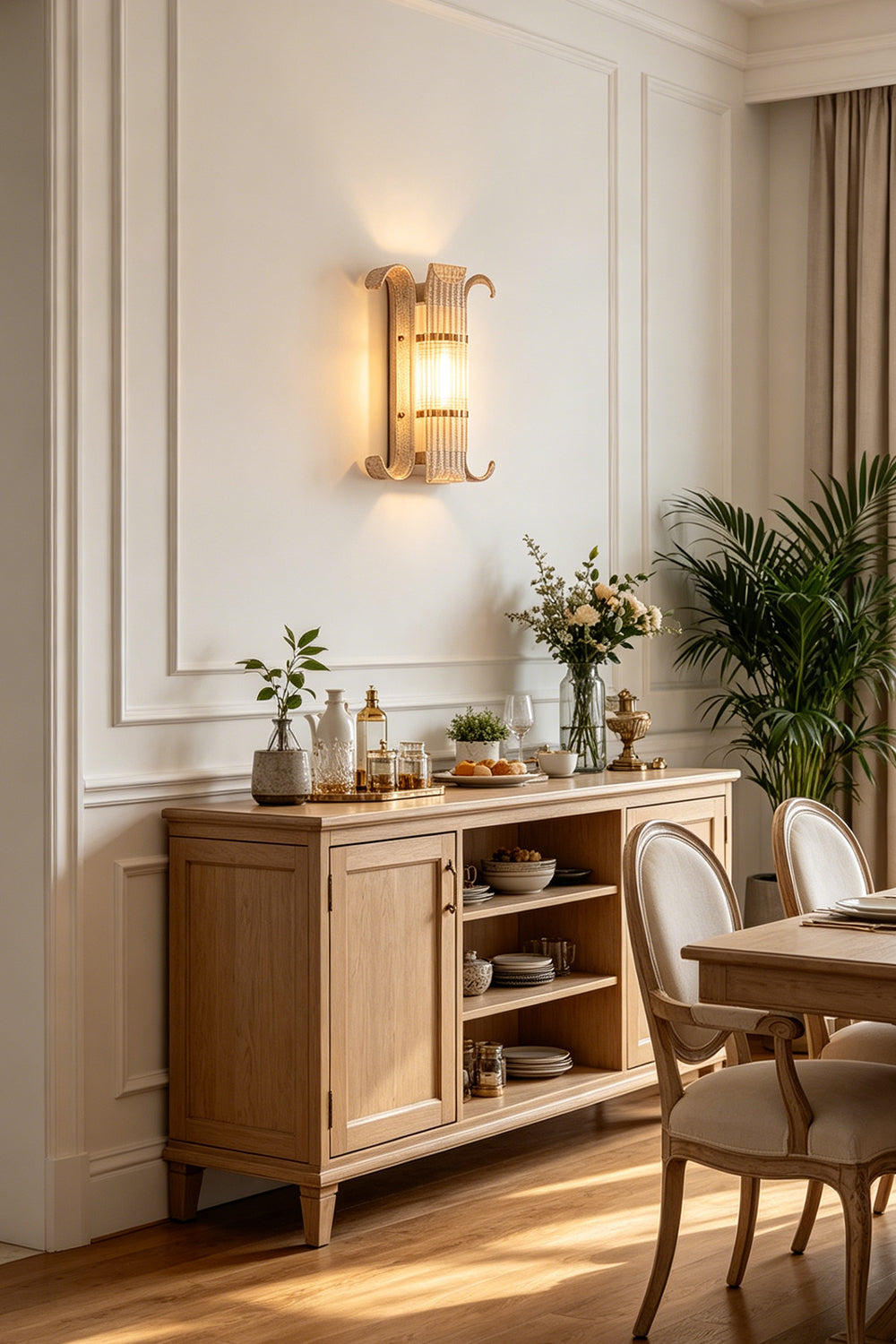 Ribbed Glass Scroll Wall Lamp installed above a wooden sideboard | Metal, Glass | Classic dining room setting with dining table and chairs | Samu Lamp