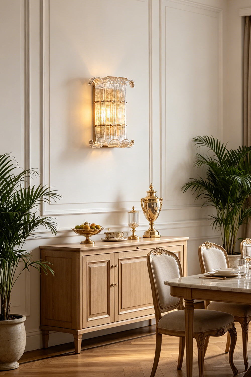 Ribbed Glass Scroll Wall Lamp installed above a wooden sideboard | Metal, Glass | Classic dining room setting with dining table and chairs | Samu Lamp