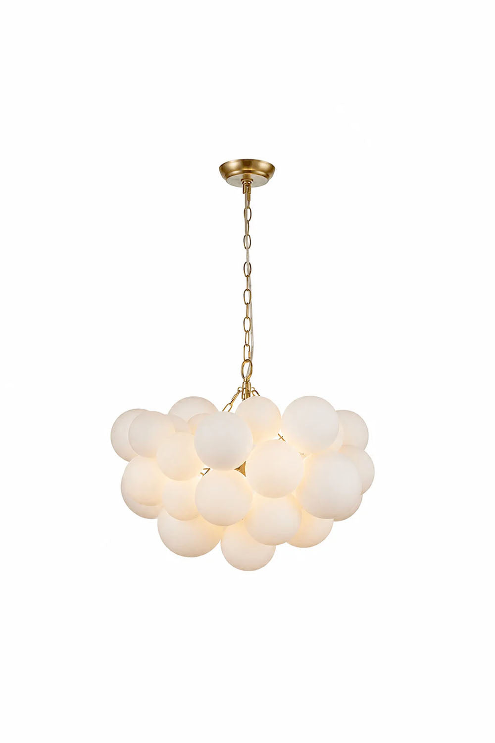 Romilly Frosted Globe Cluster Chandelier | Frosted Glass and Brass | Front full view on a pure white background, illuminated | Samu Lamp