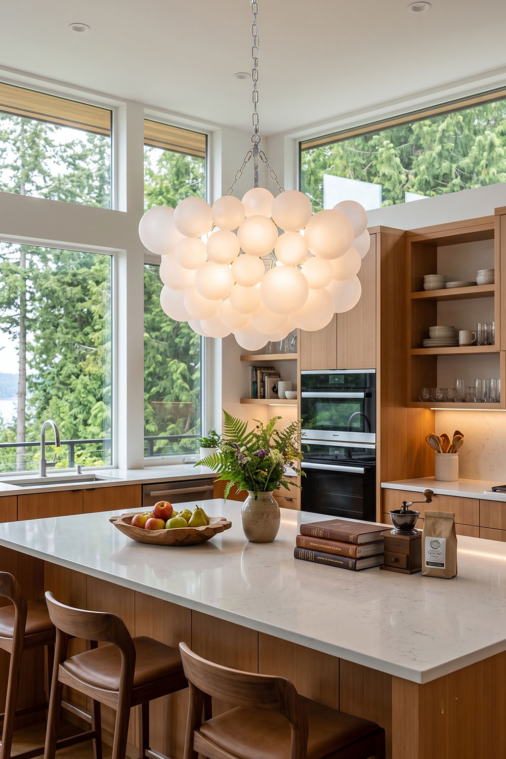 Romilly Frosted Globe Cluster Chandelier | Frosted Glass and Brass | Displayed over a white kitchen island with wooden bar stools | Samu Lamp