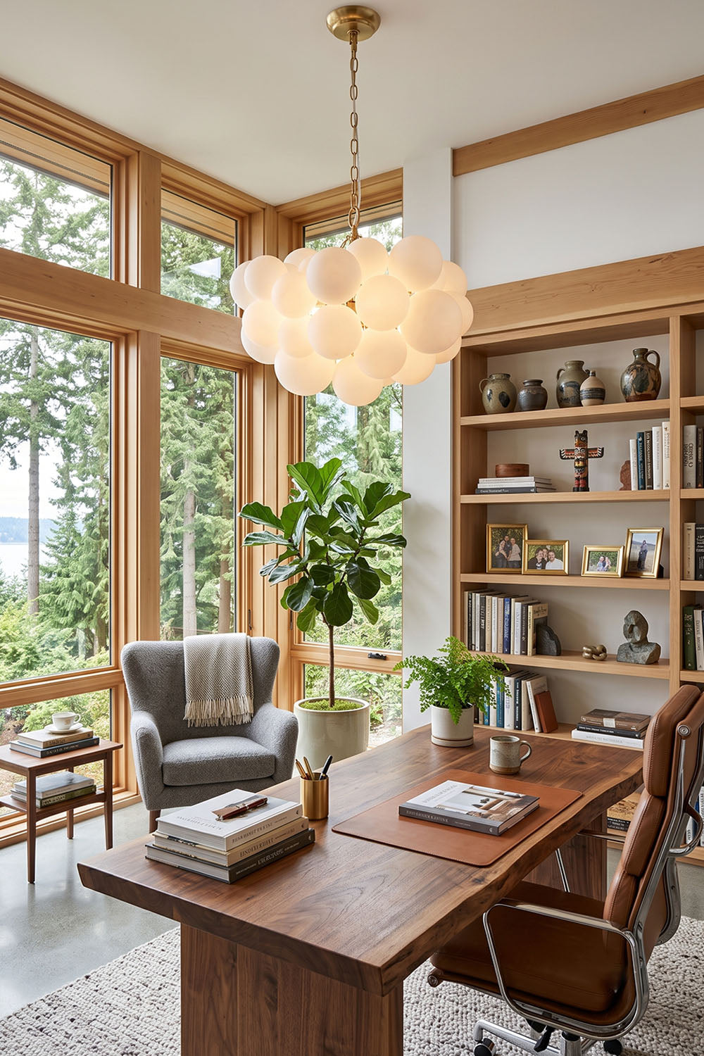 Romilly Frosted Globe Cluster Chandelier | Frosted Glass and Brass | Illuminating a bright home office with a wooden desk and large windows | Samu Lamp