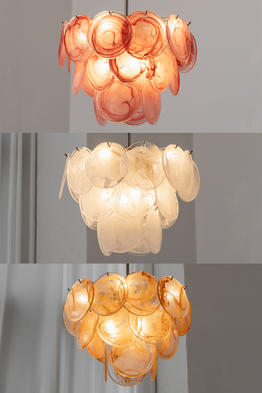 Romilly Layered Glass Disc Chandelier featuring stacked glass discs in orange and clear colors.