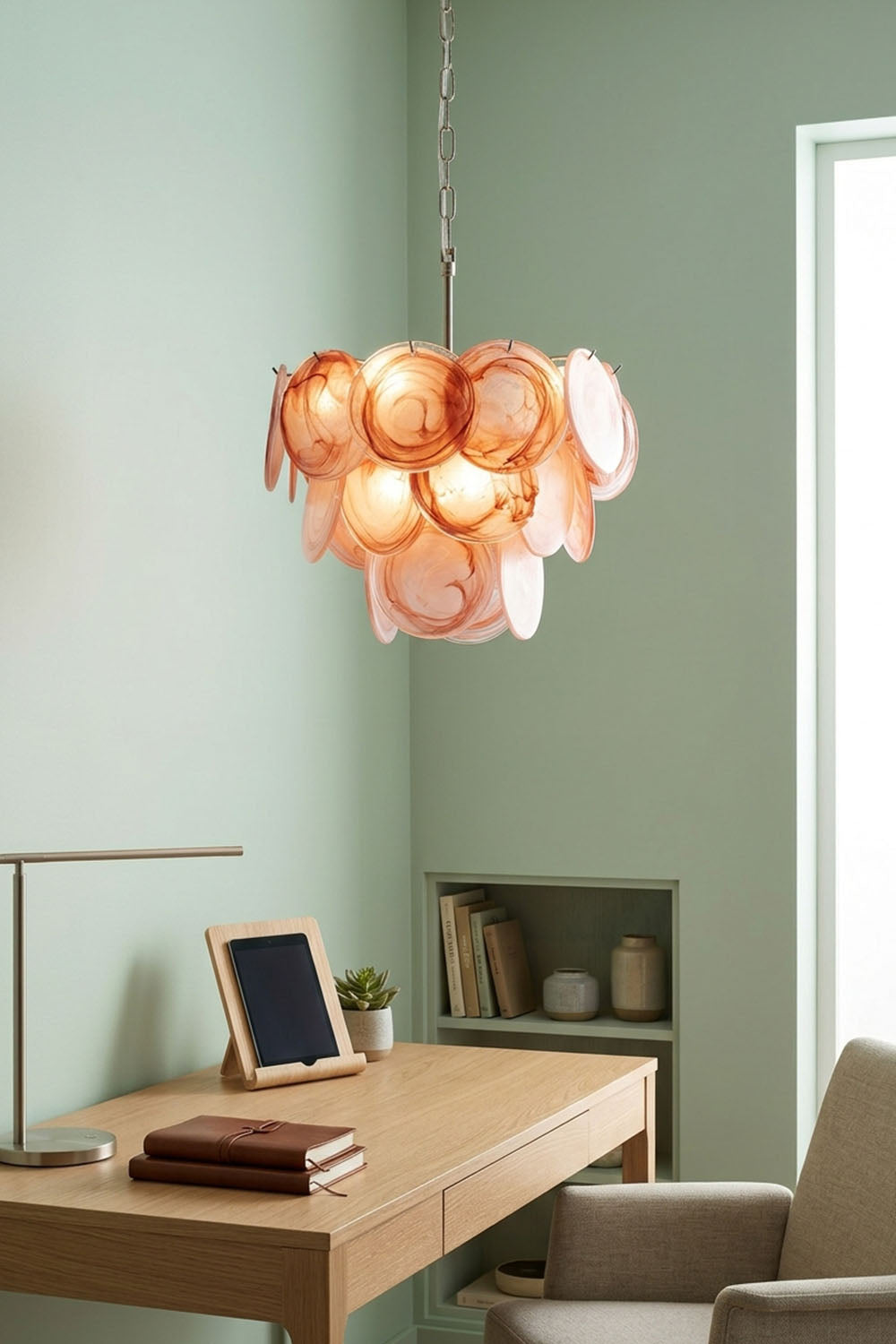 Romilly Layered Glass Disc Chandelier hanging elegantly in a modern room with light green walls.
