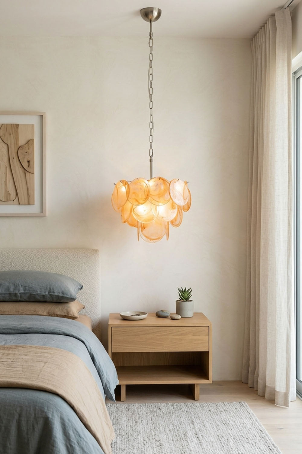 Romilly Layered Glass Disc Chandelier hanging above a stylish bedside table in a modern bedroom setting.