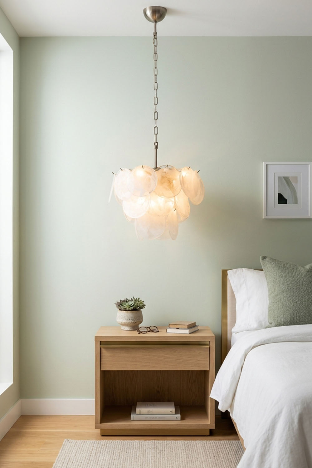 Romilly Layered Glass Disc Chandelier illuminating a cozy bedroom with a bedside table.
