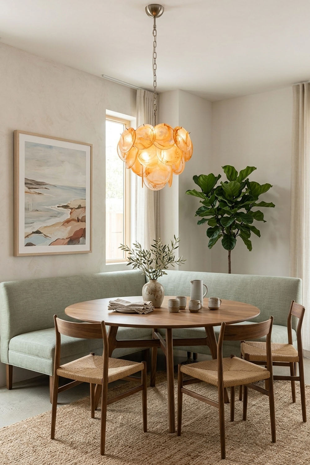 Romilly Layered Glass Disc Chandelier illuminating a modern dining area with a round table and green seating.