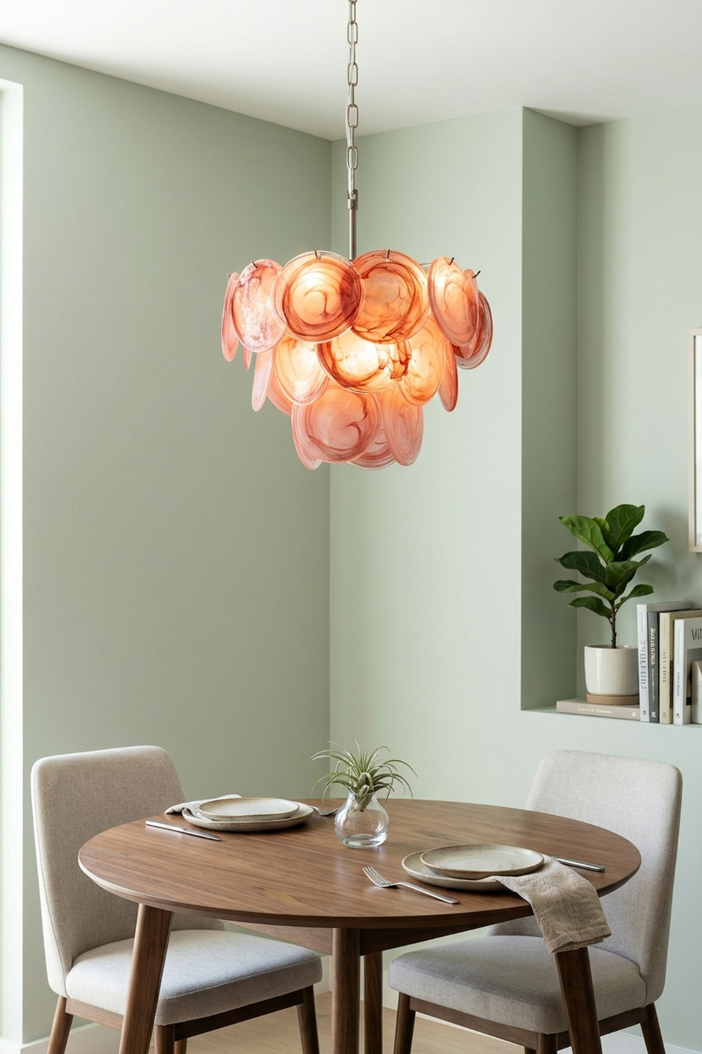 Romilly Layered Glass Disc Chandelier illuminating a dining space with a modern design and warm tones.