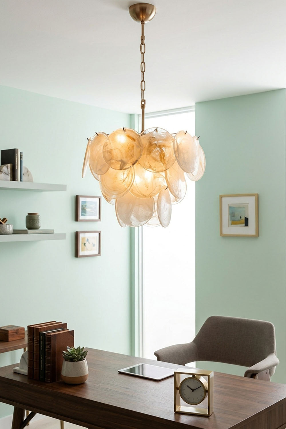 Romilly Layered Glass Disc Chandelier illuminating a modern workspace with green walls and stylish decor.