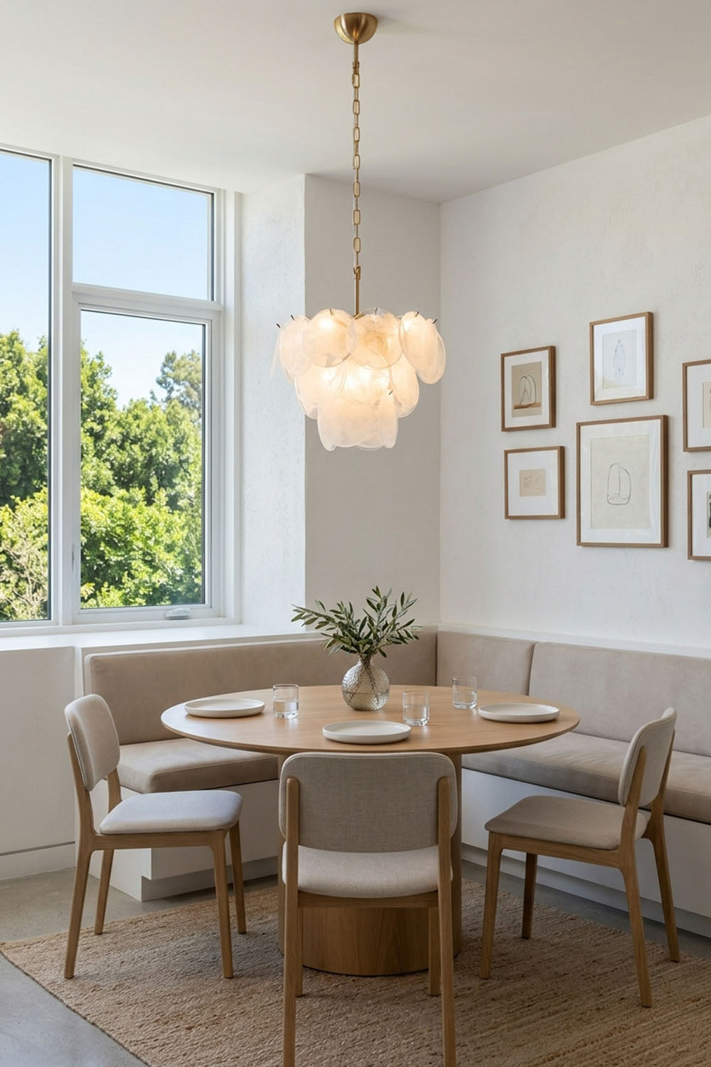 Romilly Layered Glass Disc Chandelier illuminating a modern dining area with a round table and cozy seating.