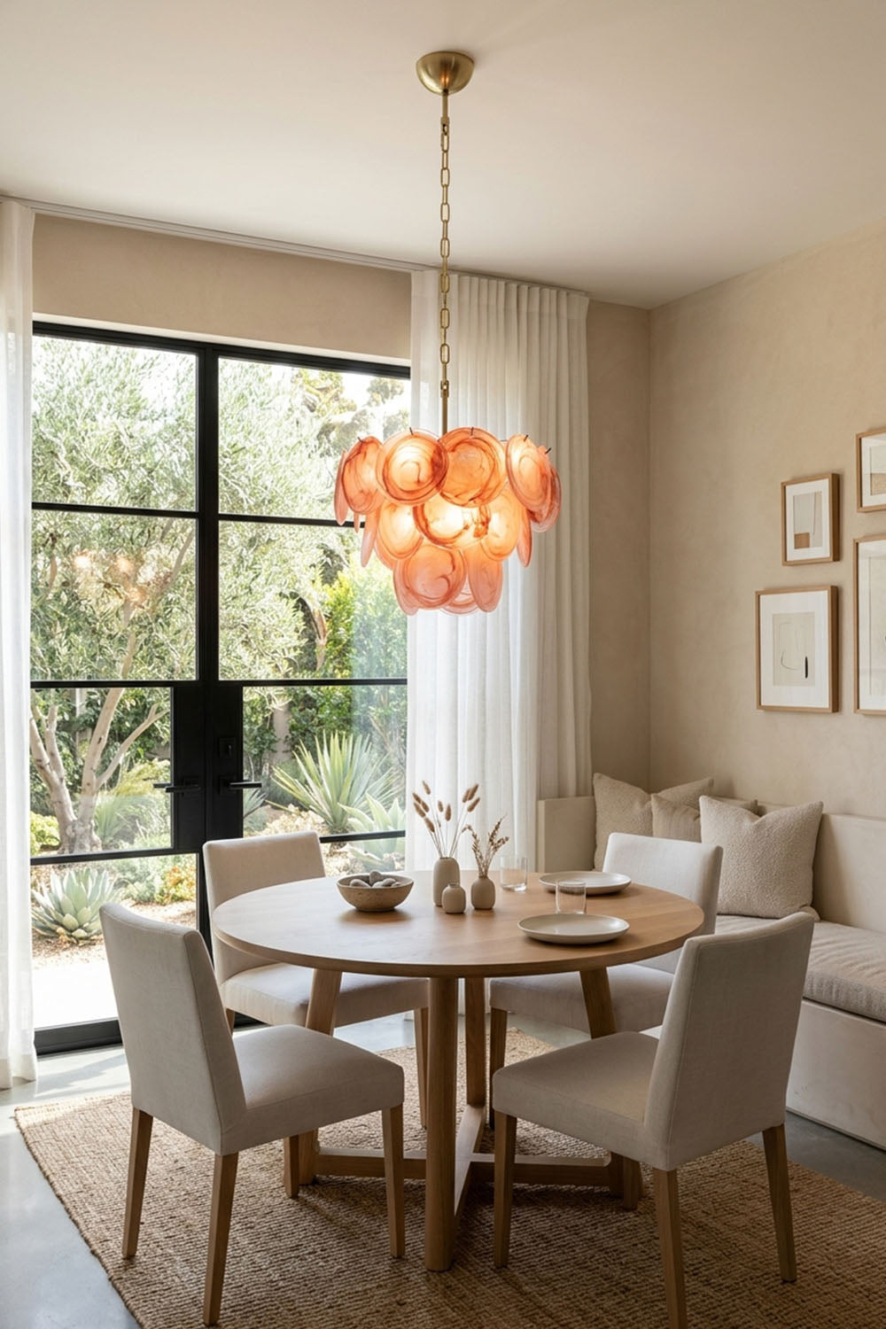 Romilly Layered Glass Disc Chandelier above a wooden dining table in a modern interior setting.