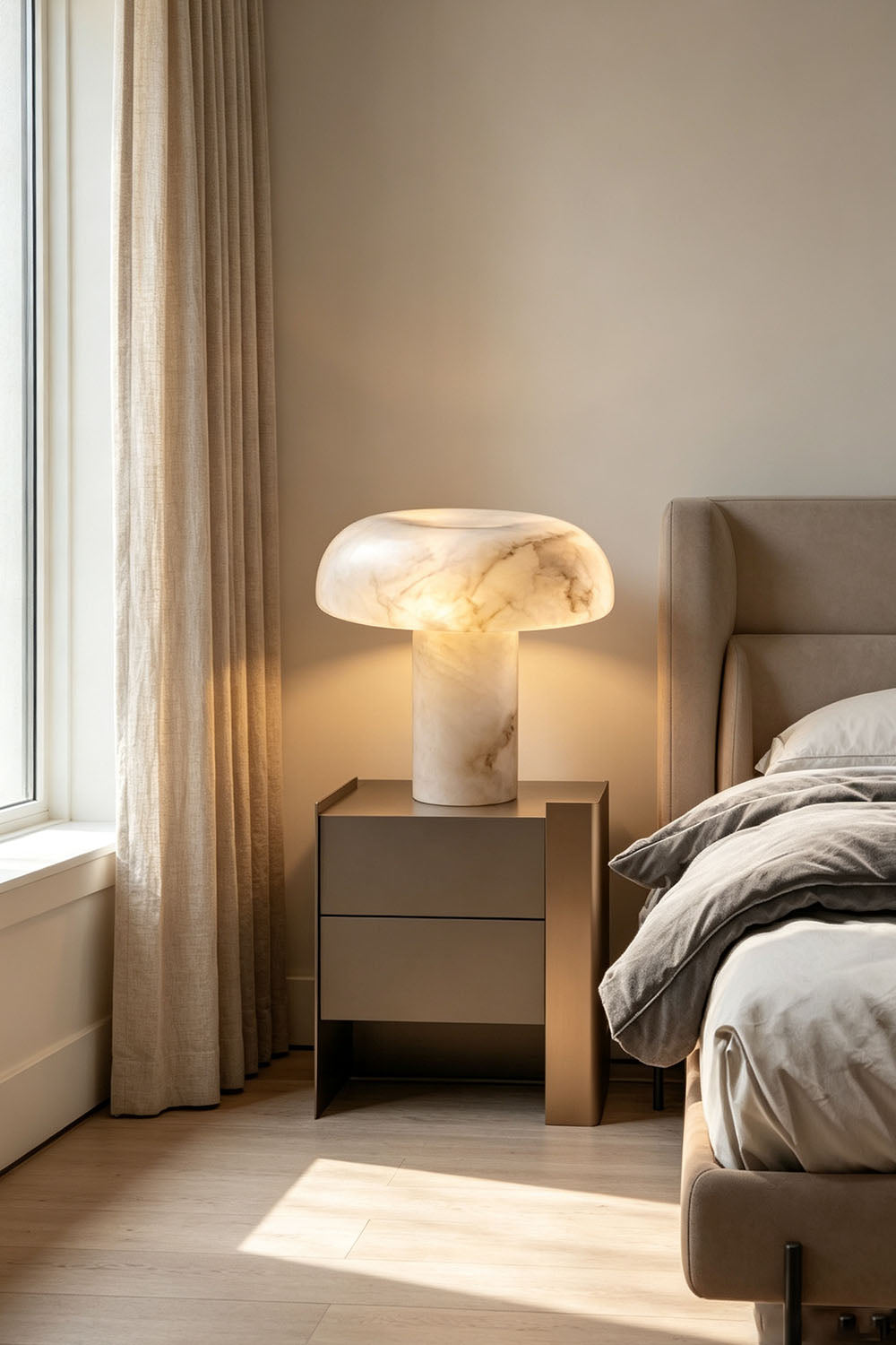 Rosalind Alabaster Dome Table Lamp | Natural Alabaster and Brass | Standing on a wooden nightstand beside a bed in a warm bedroom | Samu Lamp