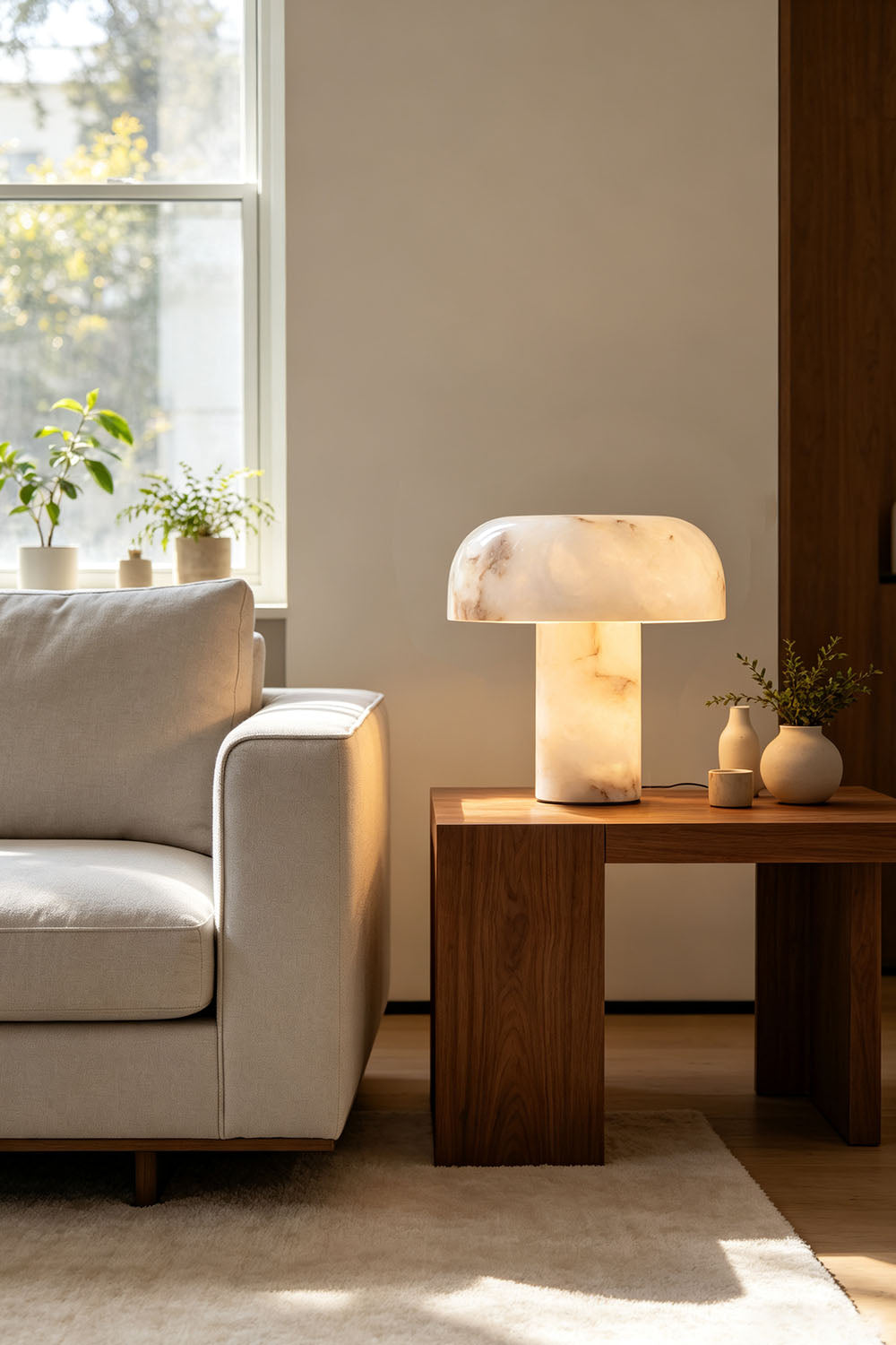 Rosalind Alabaster Dome Table Lamp | Natural Alabaster and Brass | Positioned on a side table next to a beige sofa in a cozy room | Samu Lamp