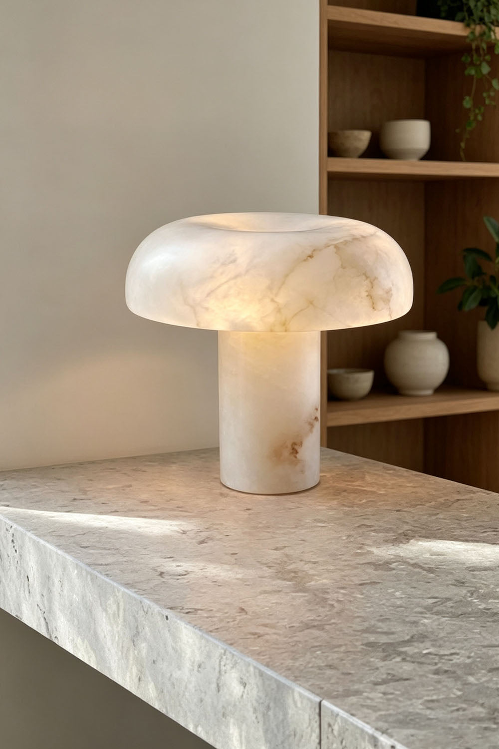 Rosalind Alabaster Dome Table Lamp | Natural Alabaster and Brass | Displayed on a marble kitchen island counter top | Samu Lamp