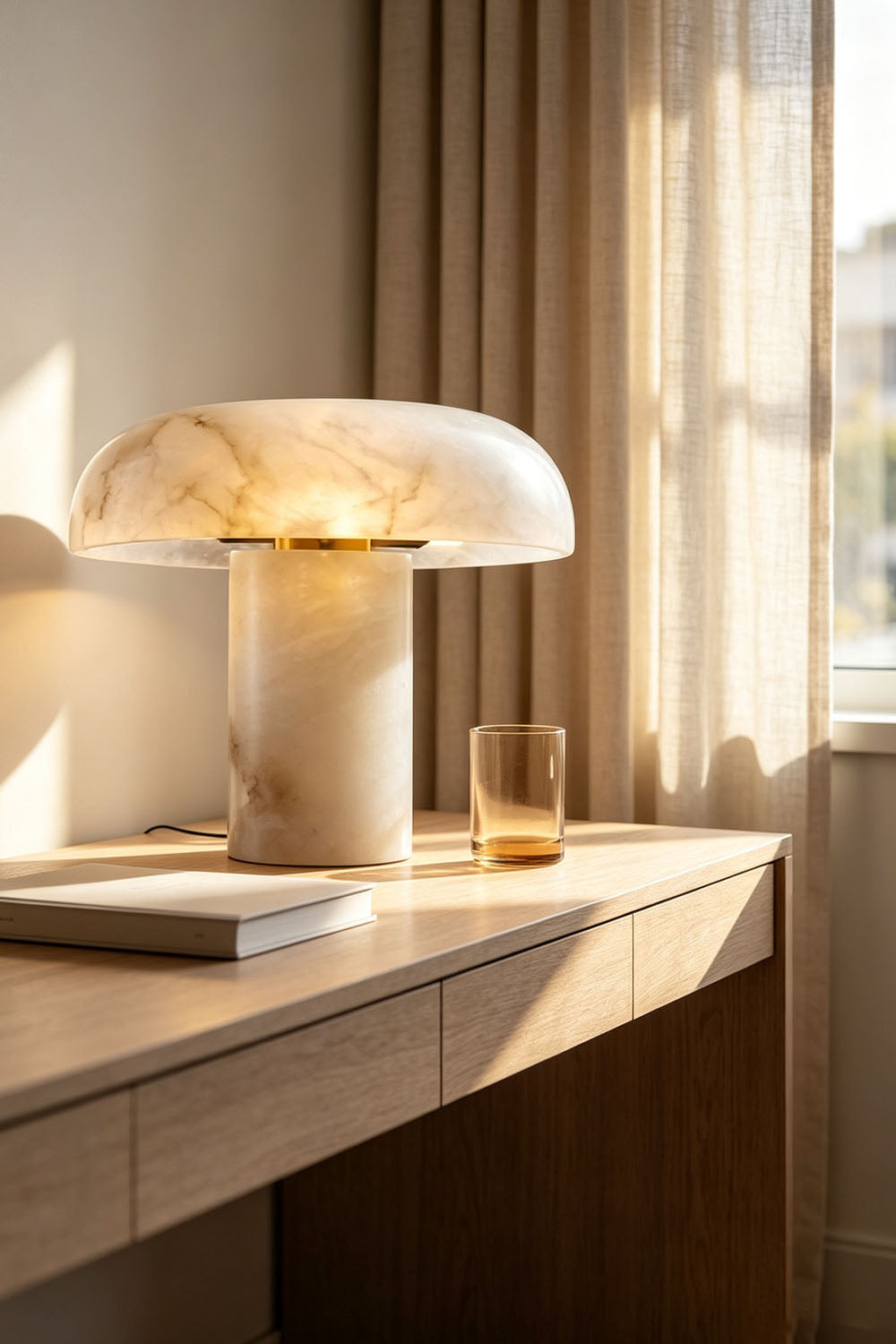 Rosalind Alabaster Dome Table Lamp | Natural Alabaster and Brass | Lighting up a wooden desk area near sheer window curtains | Samu Lamp