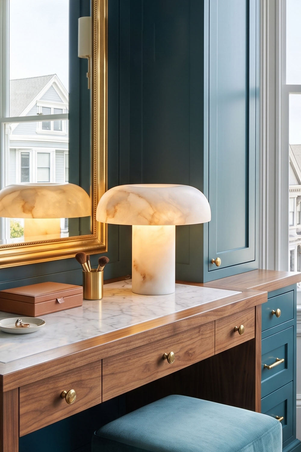 Rosalind Alabaster Dome Table Lamp | Natural Alabaster and Brass | Close-up view on a vanity desk with a blue velvet ottoman stool | Samu Lamp