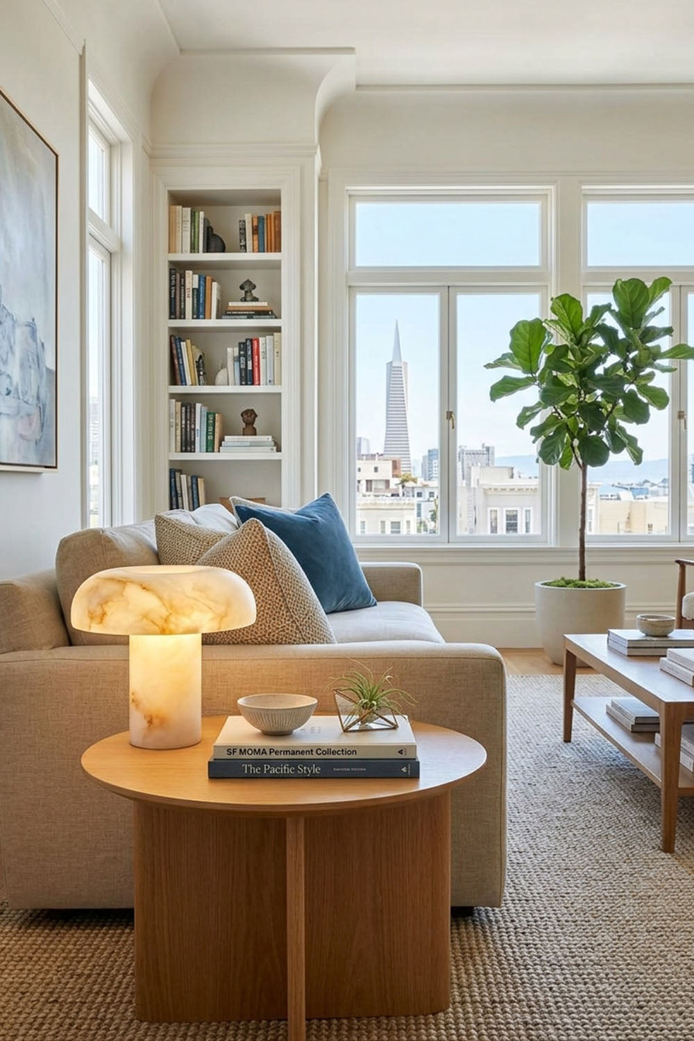 Rosalind Alabaster Dome Table Lamp | Natural Alabaster and Brass | Placed on a round wooden side table in a bright living room | Samu Lamp