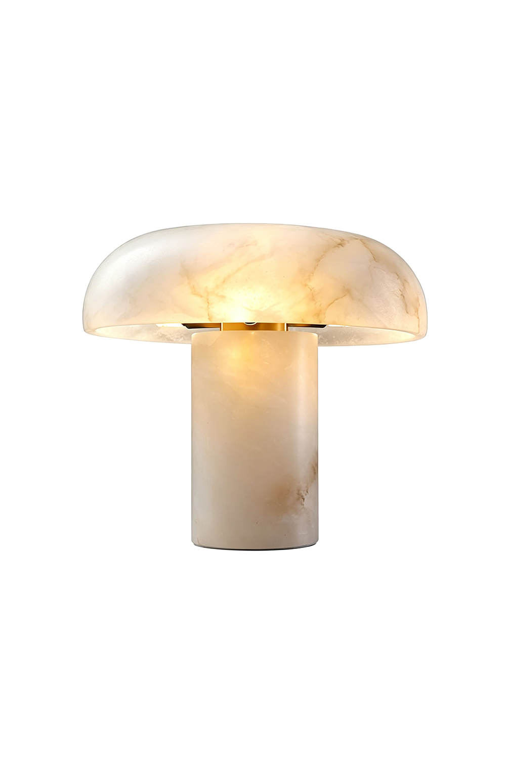 Rosalind Alabaster Dome Table Lamp | Natural Alabaster and Brass | Front full view on a pure white background, illuminated | Samu Lamp