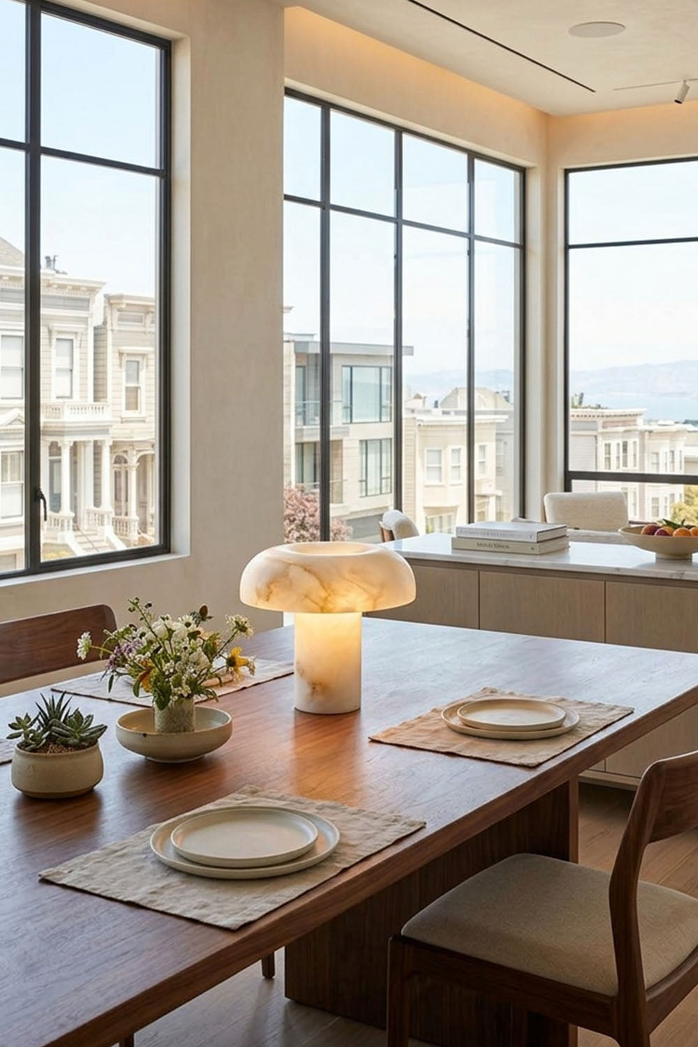 Rosalind Alabaster Dome Table Lamp | Natural Alabaster and Brass | Displayed on a long wooden dining table near large windows | Samu Lamp