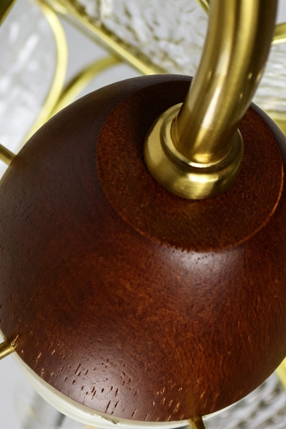 Rosalind Petal Glass Botanical Wall Lamp | Glass, Metal, Wood | Close-up focus on the round polished dark walnut wood wall mount plate and the curved gold brass stem fixture | Detail shot | Samu Lamp