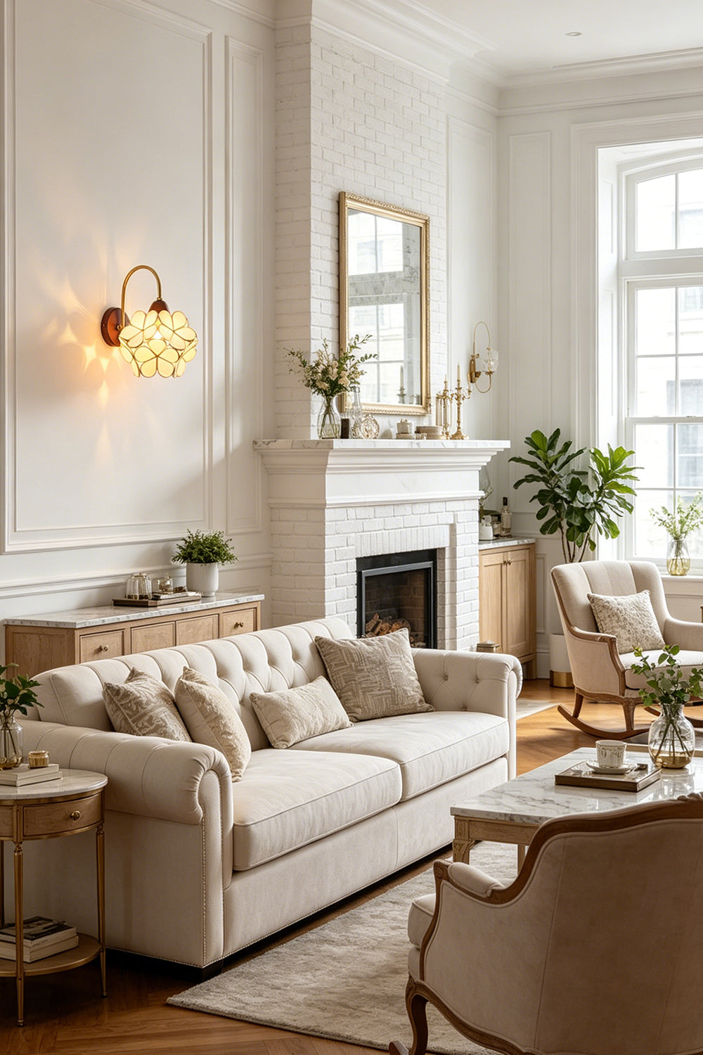 Rosalind Petal Glass Botanical Wall Lamp | Glass, Metal, Wood | Sconces mounted in a luxurious classical living room casting a warm ambient glow over a cream fabric sofa and arched windows | Samu Lamp