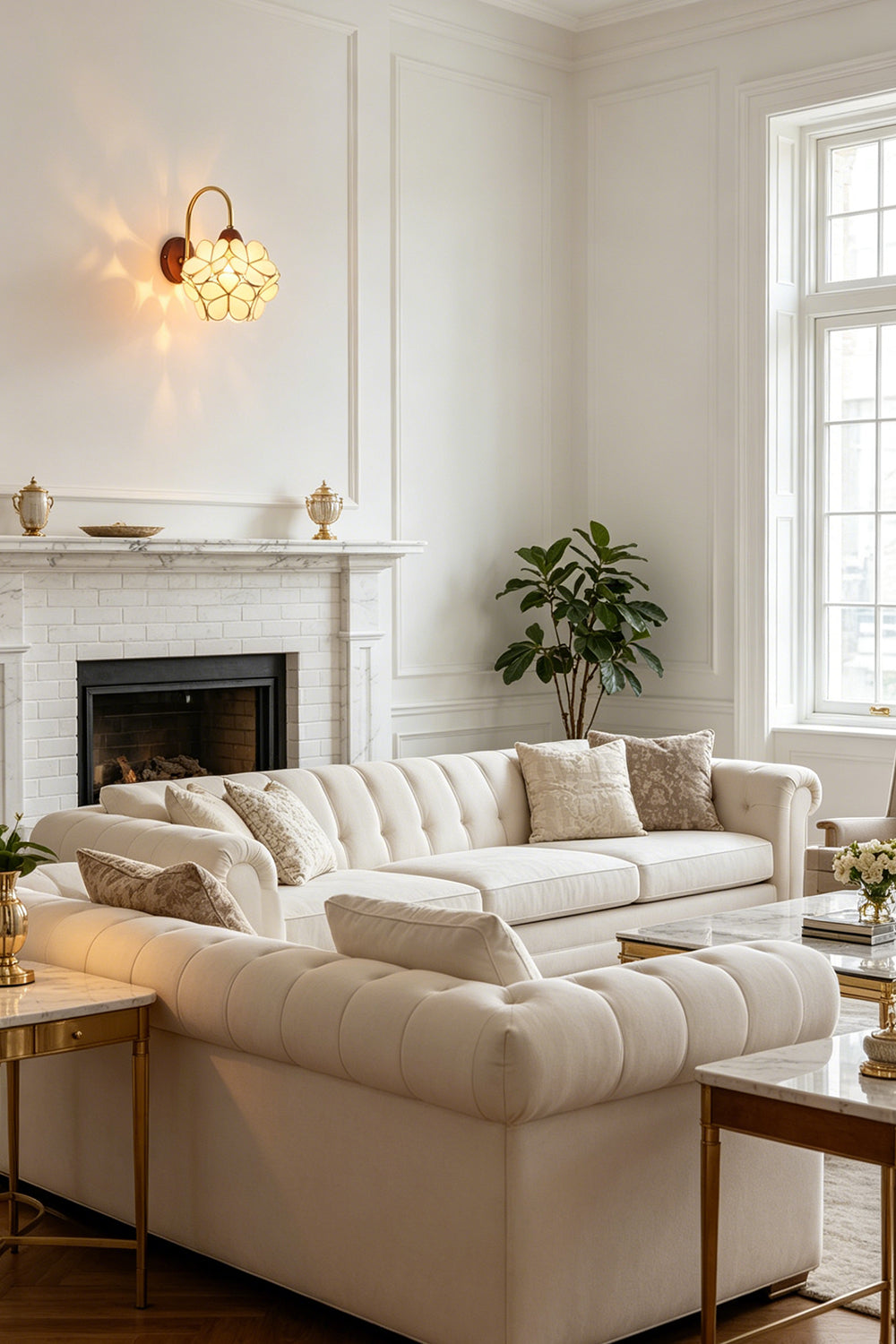 Rosalind Petal Glass Botanical Wall Lamp | Glass, Metal, Wood | Positioned elegantly over a fireplace in a bright minimalist living space with a white sectional sofa | Samu Lamp