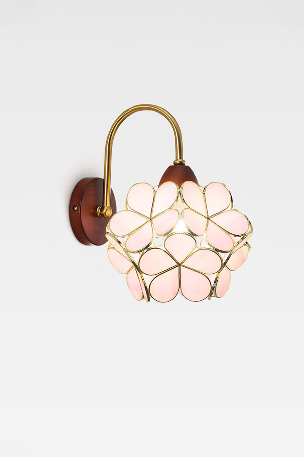 Rosalind Petal Glass Botanical Wall Lamp | Glass, Metal, Wood | Isolated lit product view of the pale pink glass petal variant radiating a warm golden glow on a white background | Samu Lamp