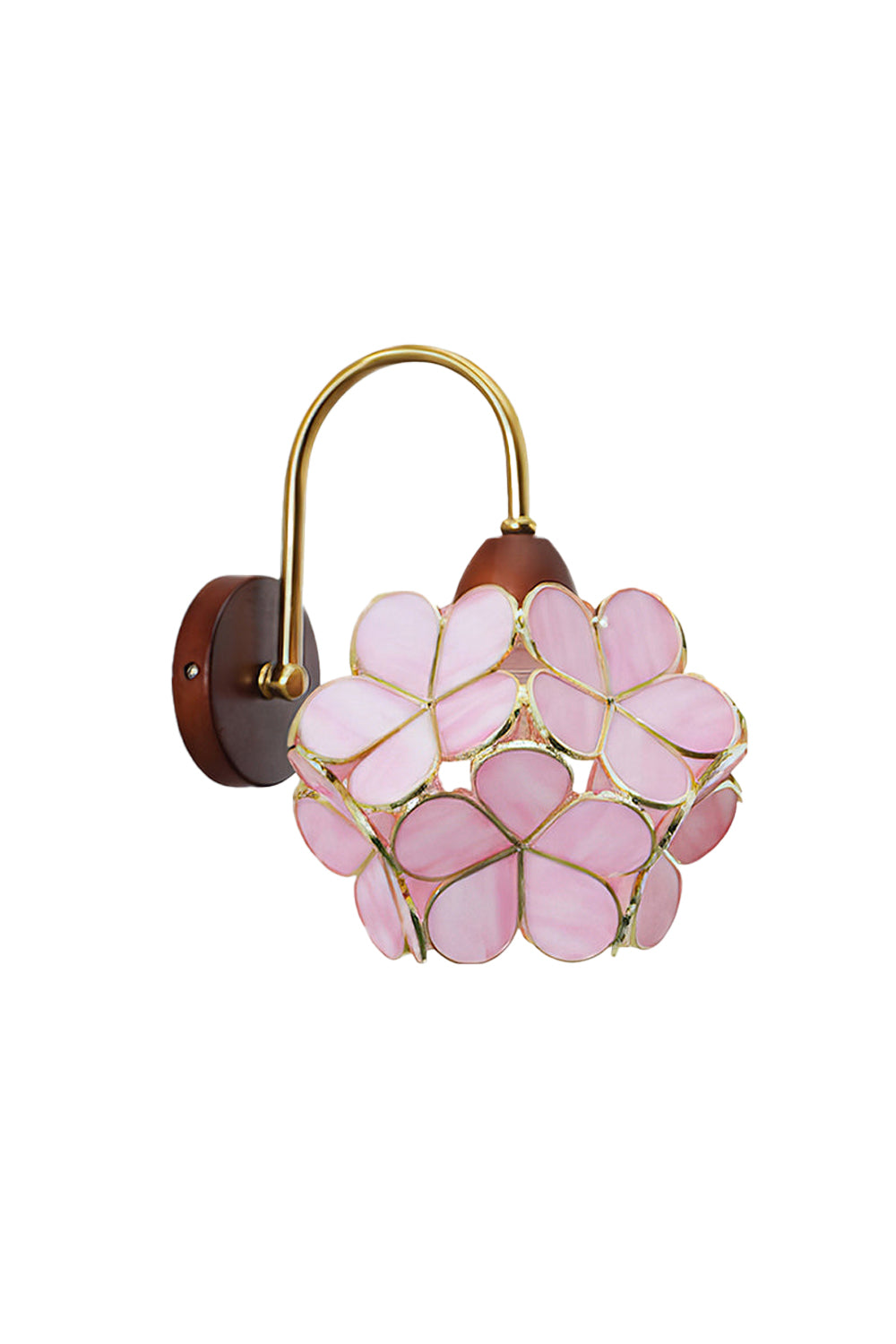 Rosalind Petal Glass Botanical Wall Lamp | Glass, Metal, Wood | Fully lit vintage flower-shaped wall sconce featuring pink glass petals in a gold frame with a curved brass arm and dark round wood backplate | Isolated product shot on white background | Samu Lamp