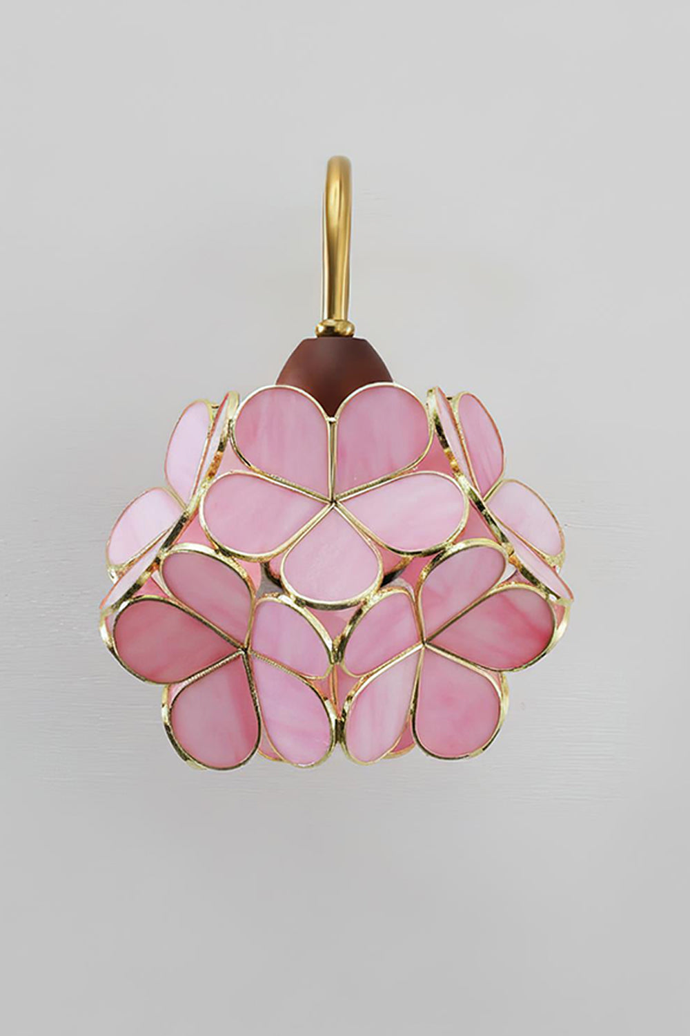 Rosalind Petal Glass Botanical Wall Lamp | Glass, Metal, Wood | Frontal centered shot of the pink glass petal wall light variant displayed on a plain grey studio backdrop | Samu Lamp