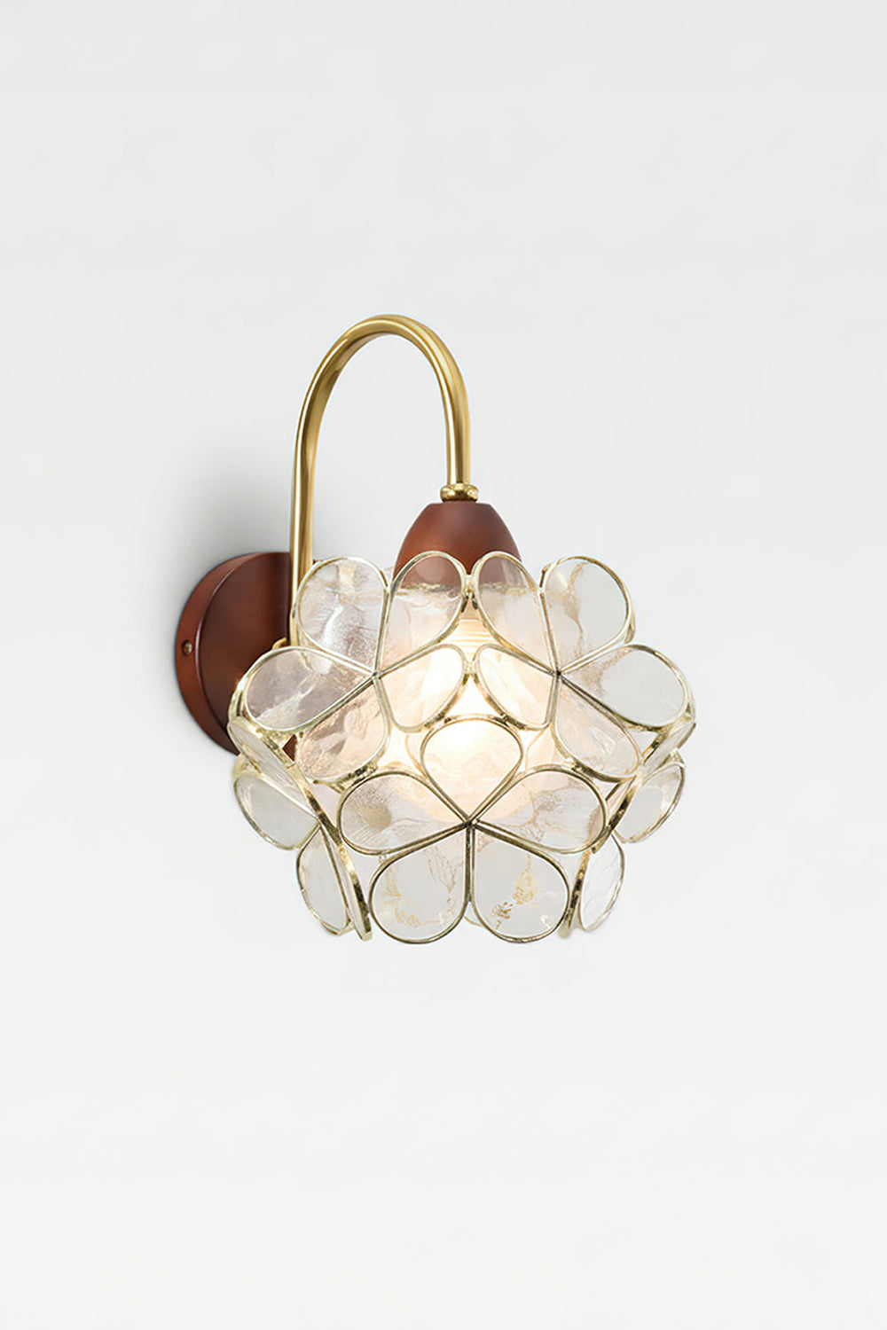 Rosalind Petal Glass Botanical Wall Lamp | Glass, Metal, Wood | Isolated lit product view of the white glass petal variant casting soft illumination against a white studio background | Samu Lamp