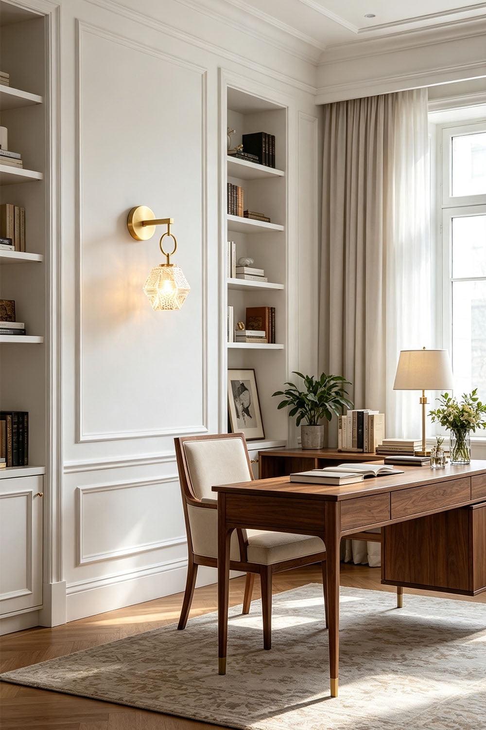Rosamund Faceted Glass Wall Sconce | Faceted Glass and Brass | Illuminating a wooden desk in a bright home office space | Samu Lamp