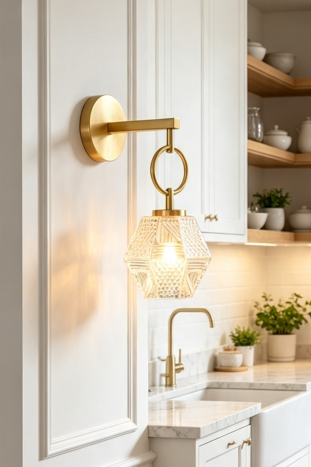 Rosamund Faceted Glass Wall Sconce | Faceted Glass and Brass | Warm lighting above a sink in a classic white kitchen | Samu Lamp