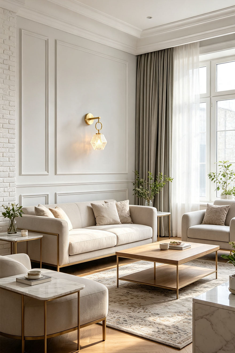 Rosamund Faceted Glass Wall Sconce | Faceted Glass and Brass | Displayed on a paneled wall in an elegant living room | Samu Lamp