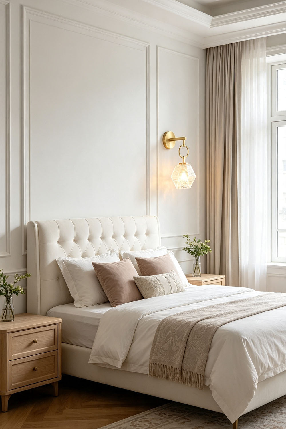 Rosamund Faceted Glass Wall Sconce | Faceted Glass and Brass | Mounted on a wall beside a bed in a cozy bedroom | Samu Lamp
