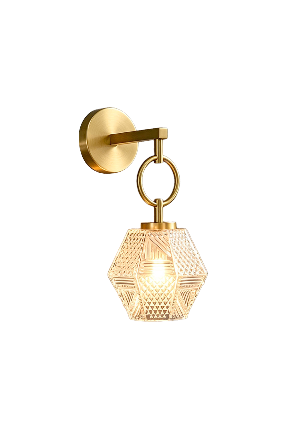 Rosamund Faceted Glass Wall Sconce | Faceted Glass and Brass | Front full view on a pure white background, illuminated | Samu Lamp