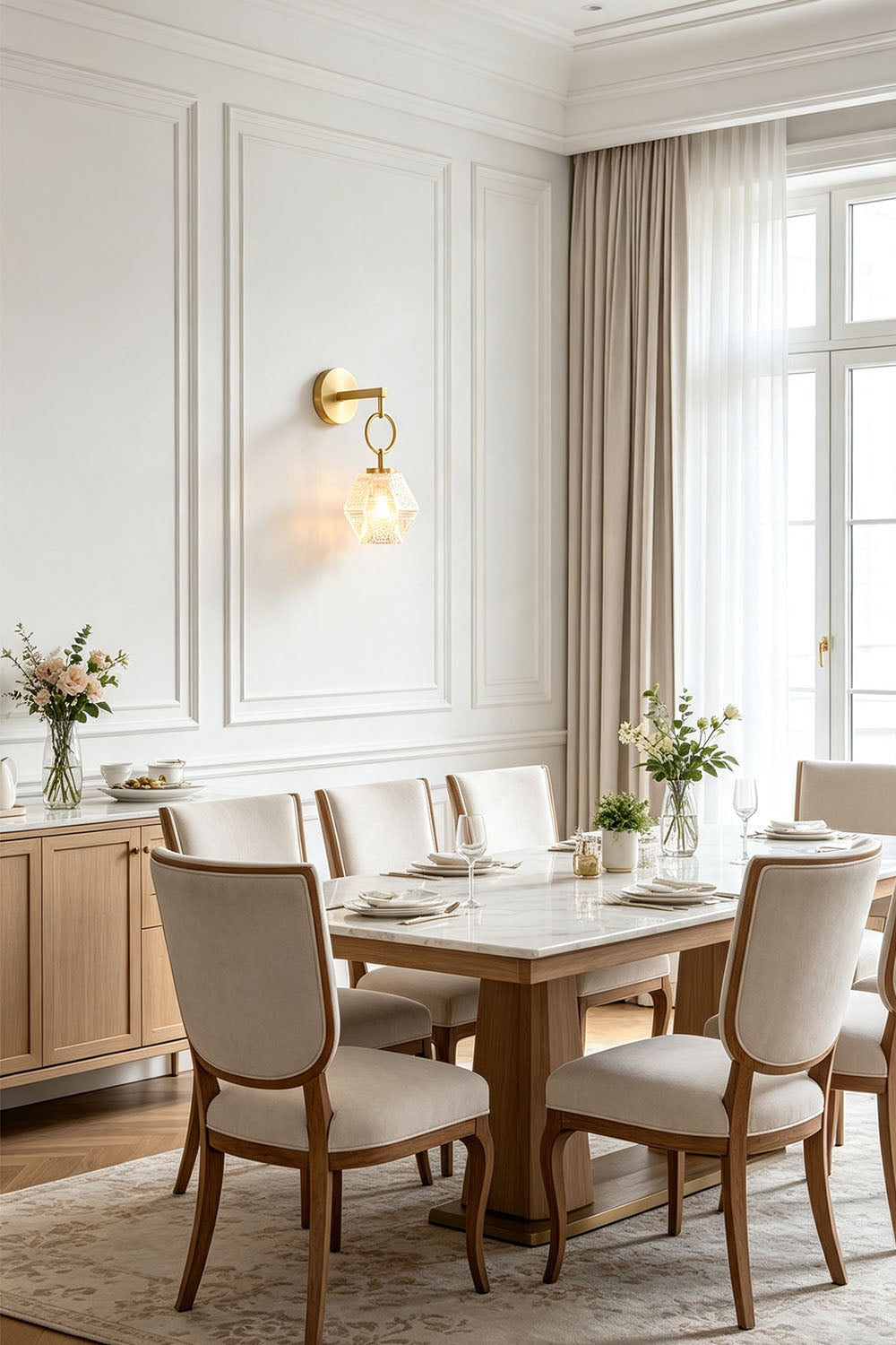 Rosamund Faceted Glass Wall Sconce | Faceted Glass and Brass | Enhancing a modern dining area with a wooden table and chairs | Samu Lamp