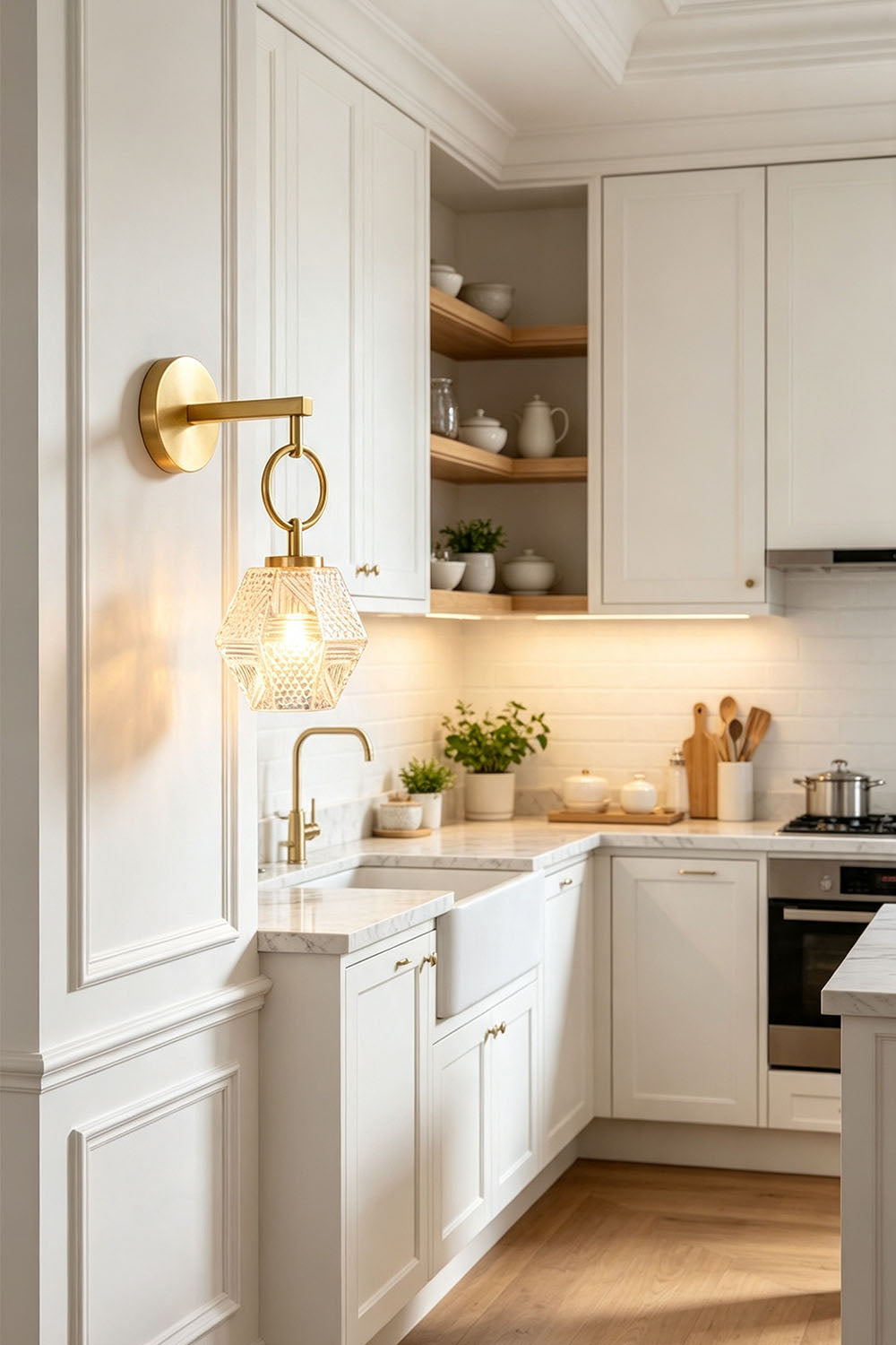 Rosamund Faceted Glass Wall Sconce | Faceted Glass and Brass | Installed above a kitchen counter next to white cabinets | Samu Lamp