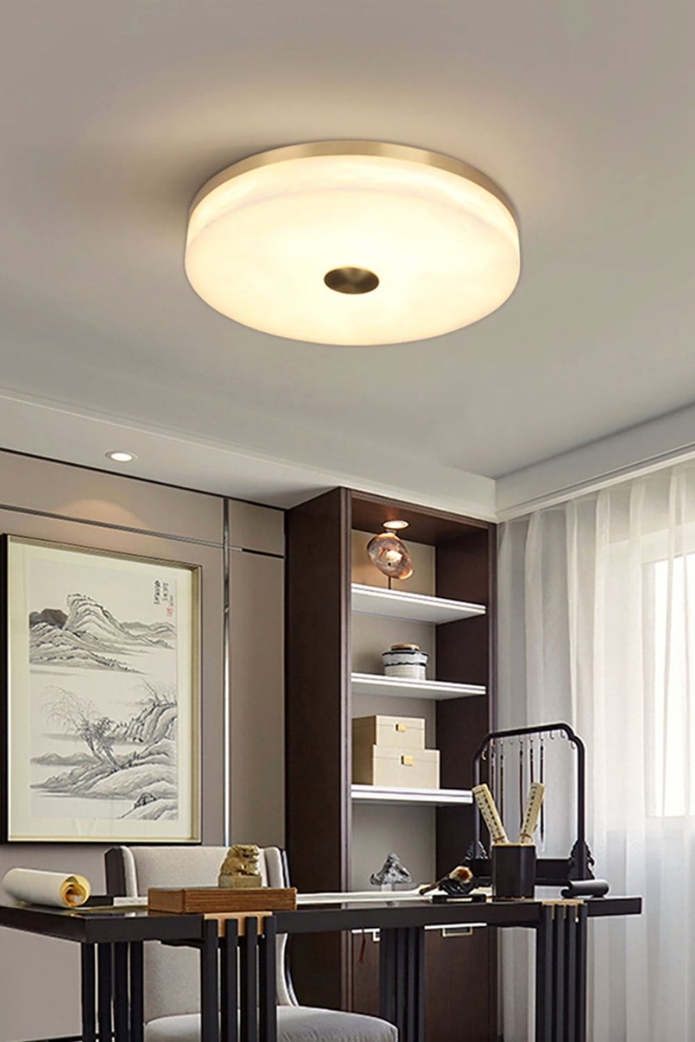 Round Alabaster Brass Ceiling Light
