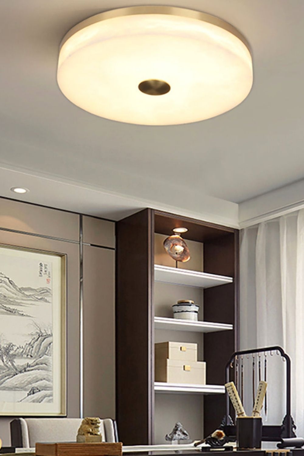 Round Alabaster Brass Ceiling Light