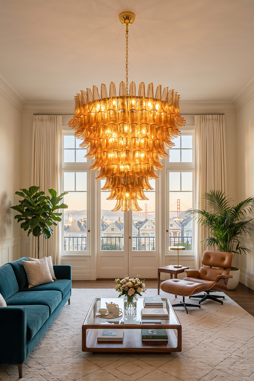 Rouveline Rippled Amber Glass Cone Chandelier | Rippled Amber Glass and Metal | Centered in a bright living room with large windows and cream sofa | Samu Lamp