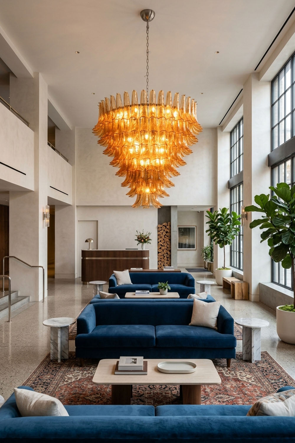 Rouveline Rippled Amber Glass Cone Chandelier | Rippled Amber Glass and Metal | Suspended in a high-ceiling double-height loft living room | Samu Lamp
