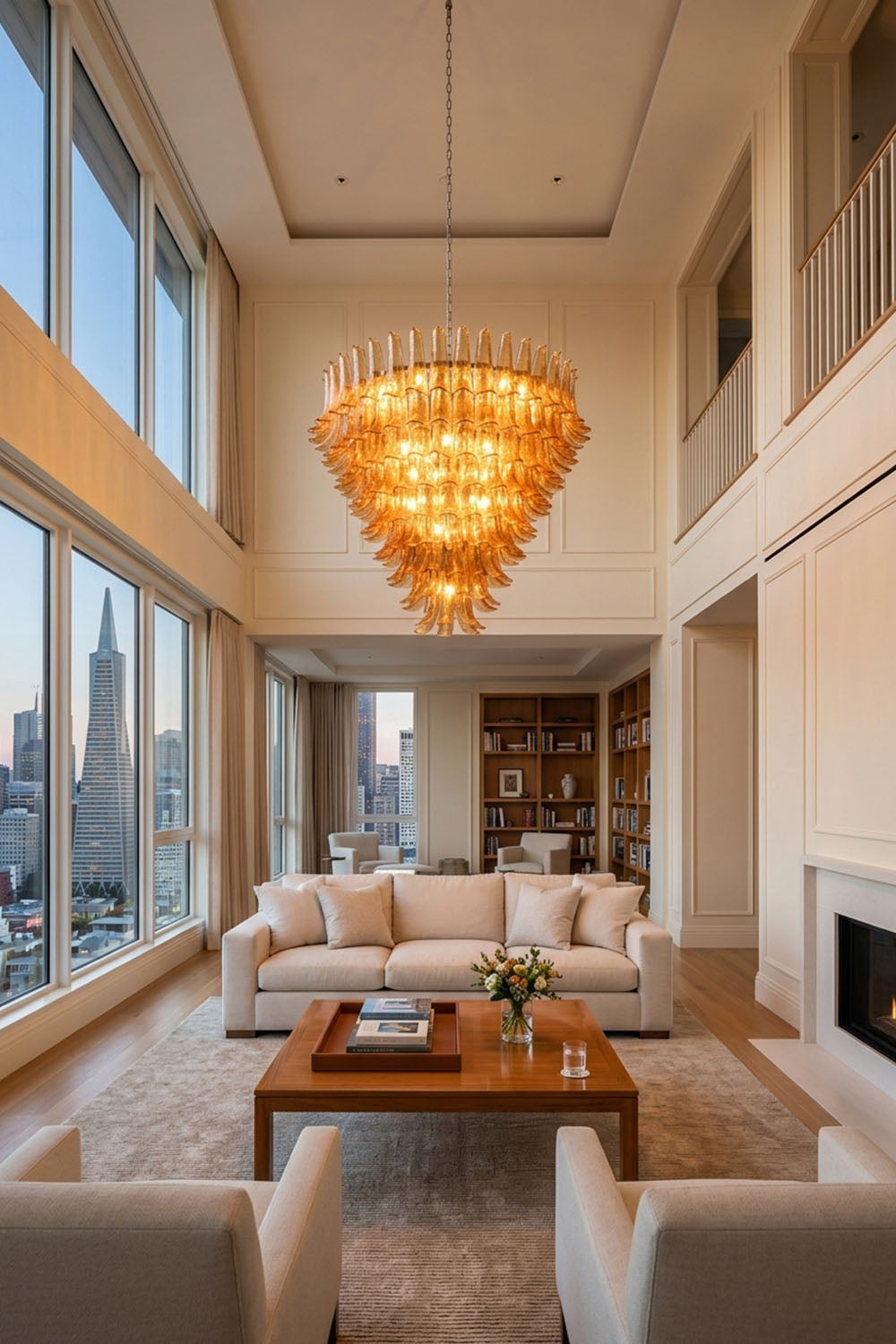 Rouveline Rippled Amber Glass Cone Chandelier | Rippled Amber Glass and Metal | Displayed in a double-height living room with city view windows | Samu Lamp