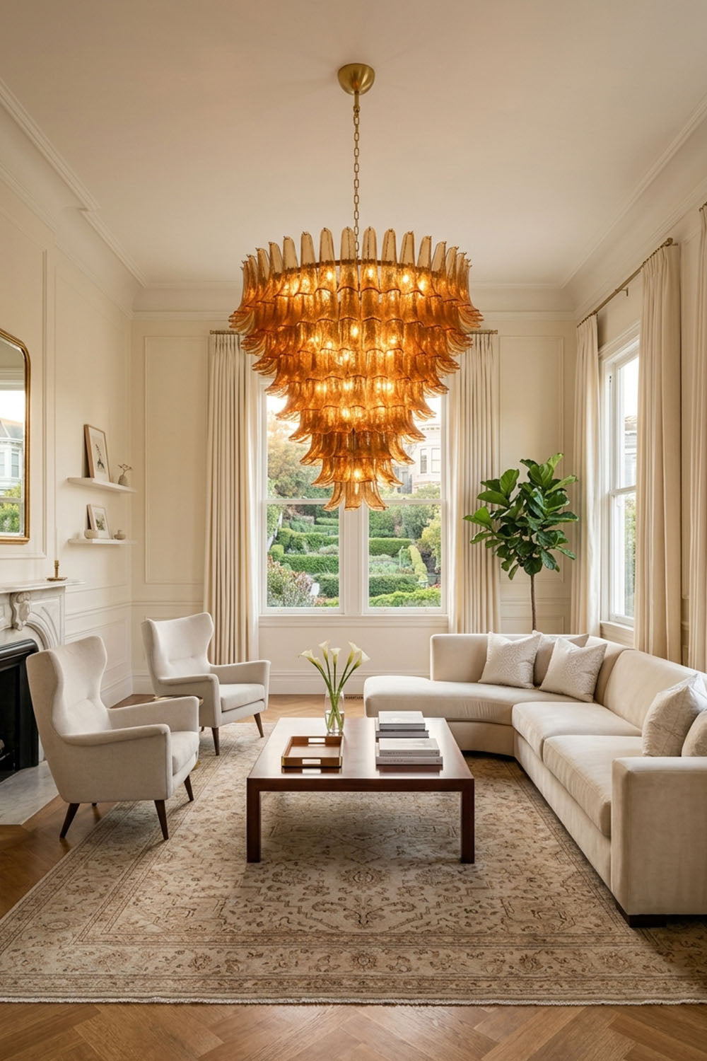 Rouveline Rippled Amber Glass Cone Chandelier | Rippled Amber Glass and Metal | Placed in a cozy living room with a fireplace and cream sofa | Samu Lamp