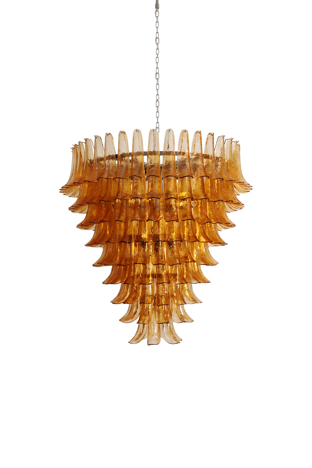 Rouveline Rippled Amber Glass Cone Chandelier | Rippled Amber Glass and Metal | Front full view on a pure white background, illuminated | Samu Lamp