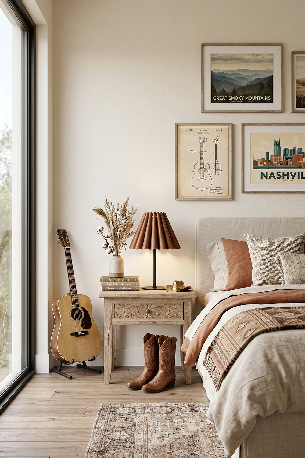 Rowan Leather Pleated Table Lamp | Leather, Metal | Staged in a bohemian bedroom on a nightstand next to an acoustic guitar and framed wall art | Samu Lamp