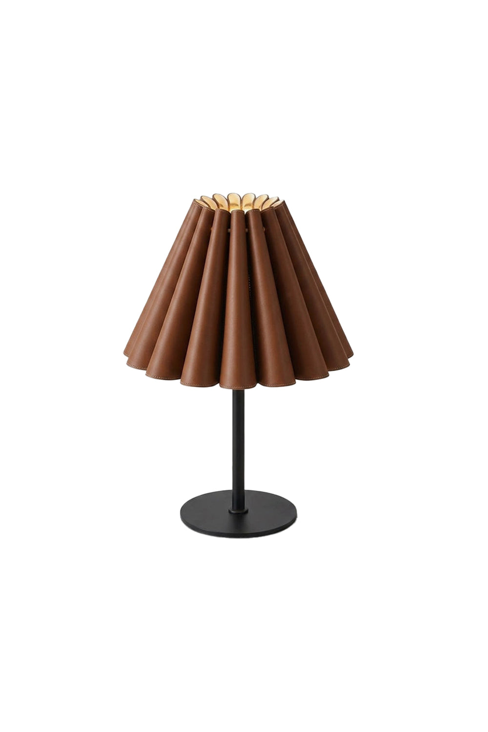 Rowan Leather Pleated Table Lamp | Leather, Metal | Fully lit minimalist table lamp featuring a brown pleated accordion leather lampshade, a slender black stem, and a flat round base | Isolated lit product shot on white background | Samu Lamp
