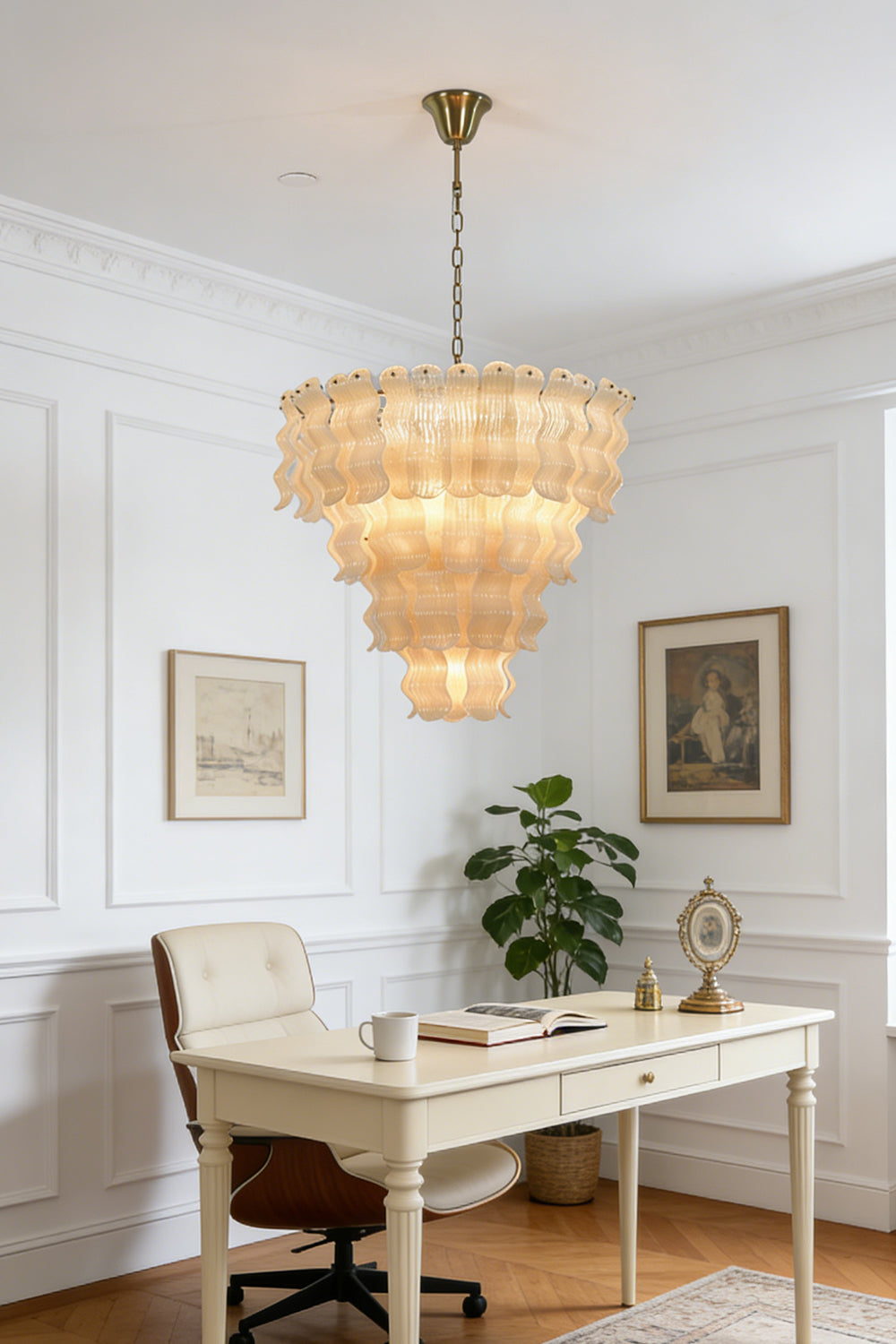 Ruffled glass tiered chandelier for office | Metal | Glass | Installed in a classic home office above a white desk | Samu Lamp