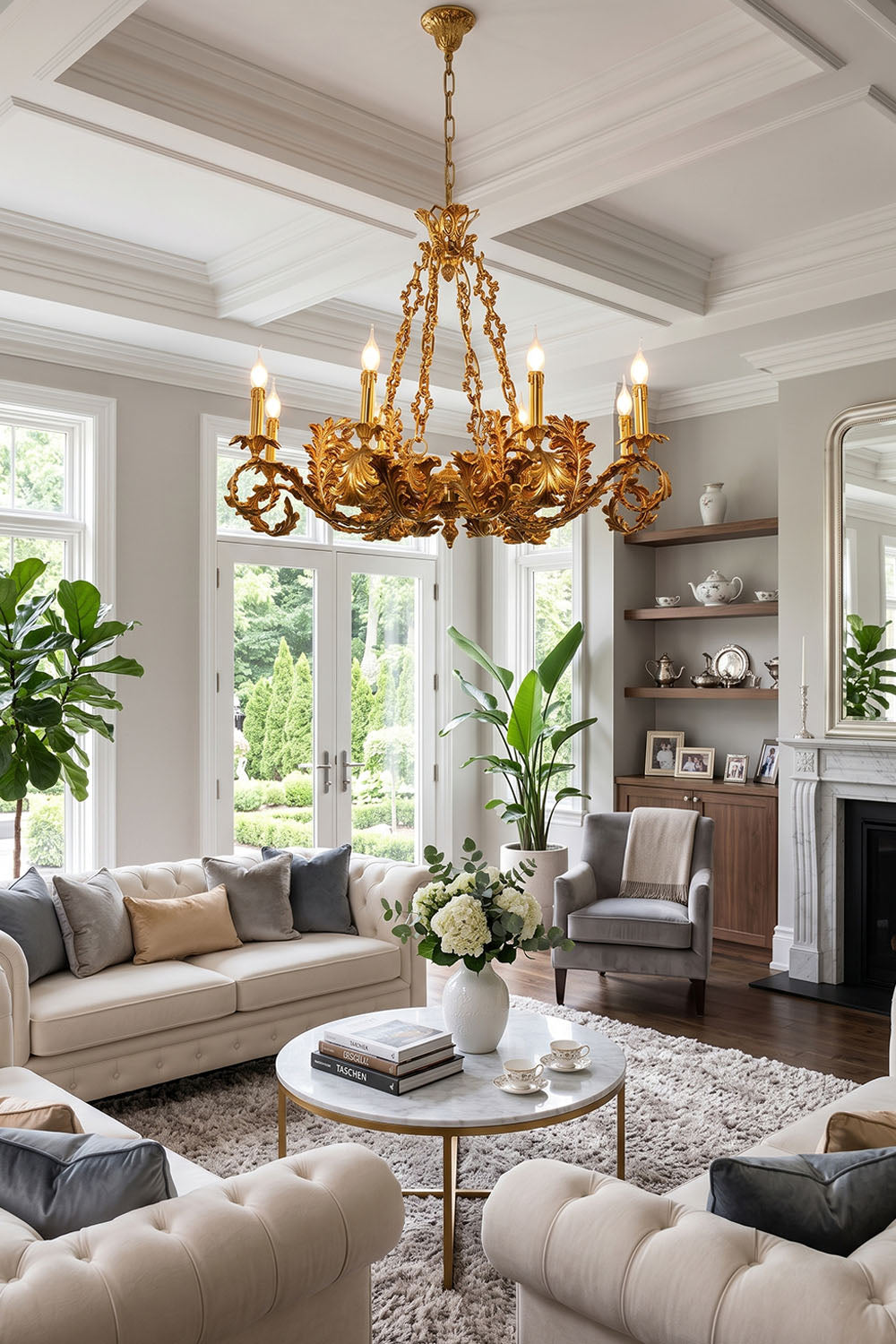 Rurik Acanthus Leaf Brass Chandelier illuminating a stylish living room with elegant decor.