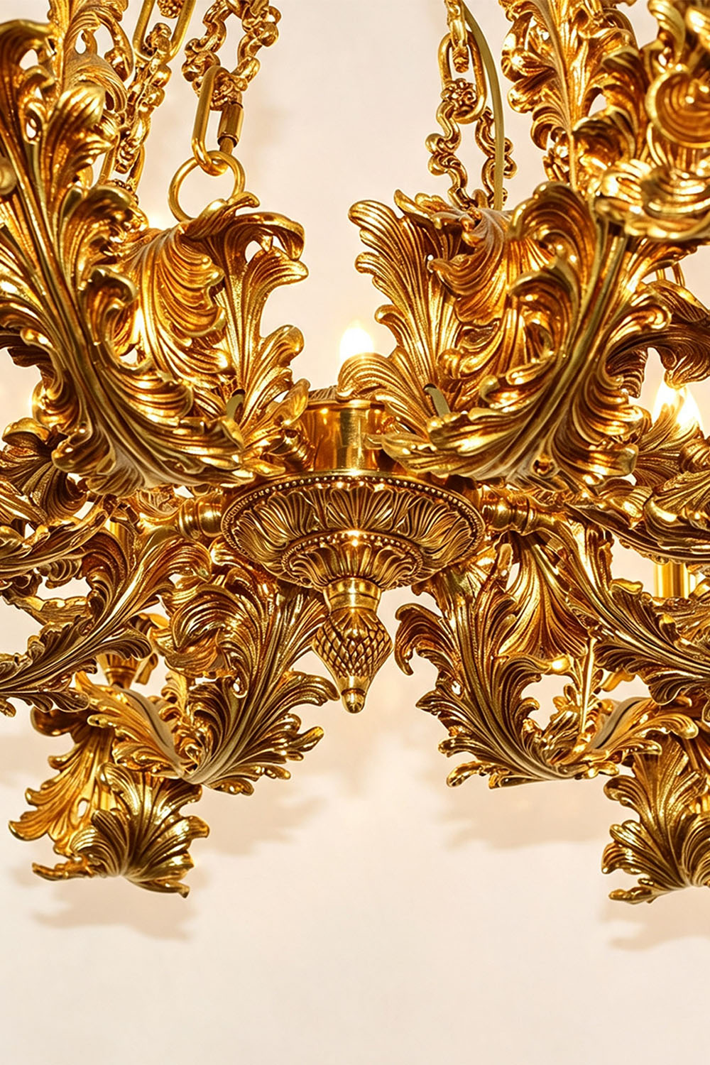 Rurik Acanthus Leaf Brass Chandelier featuring intricate leaf designs and a polished gold finish.